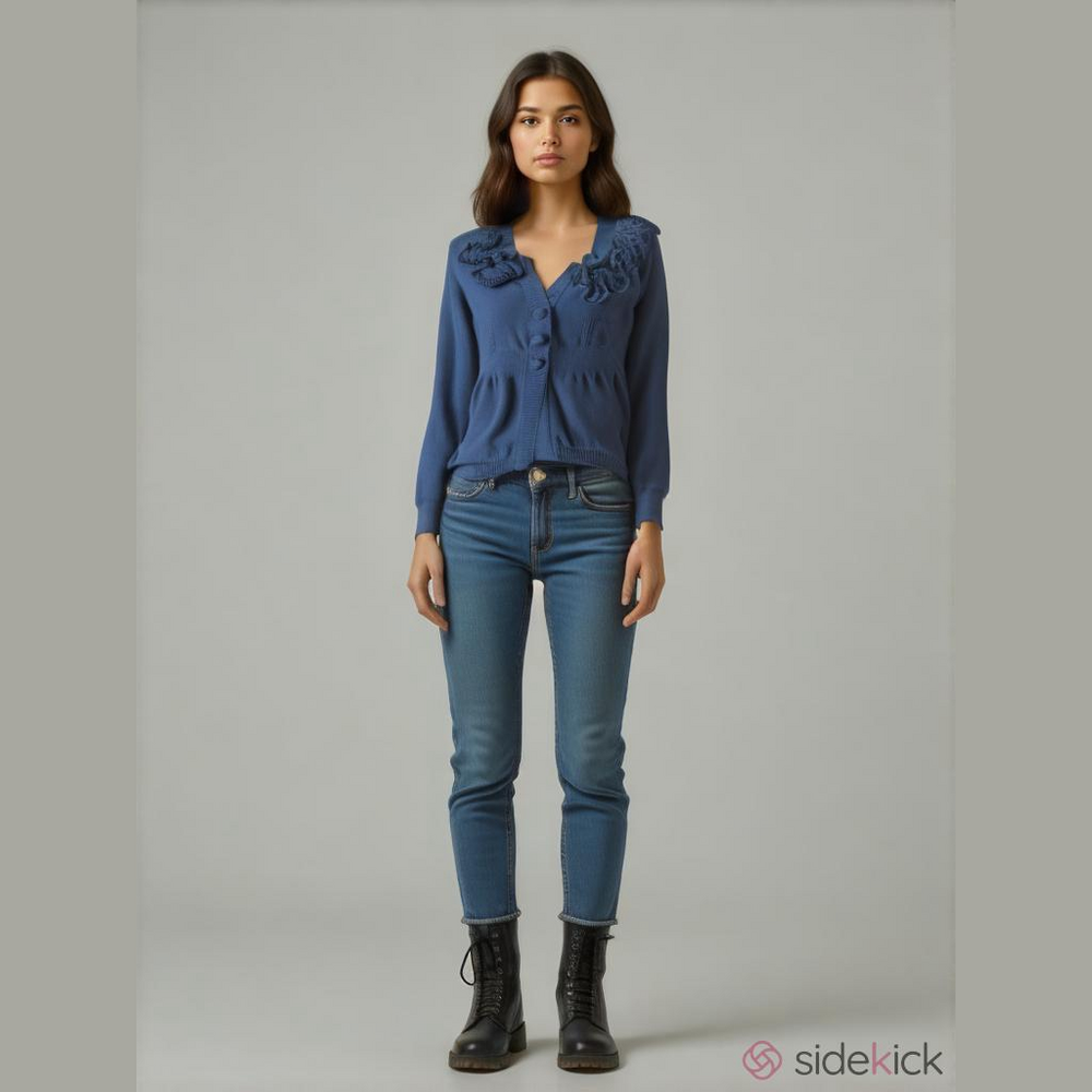 Cute DKNY Jeans Bark Blue Button Up Sweater Sz M Ruffled Embellishments